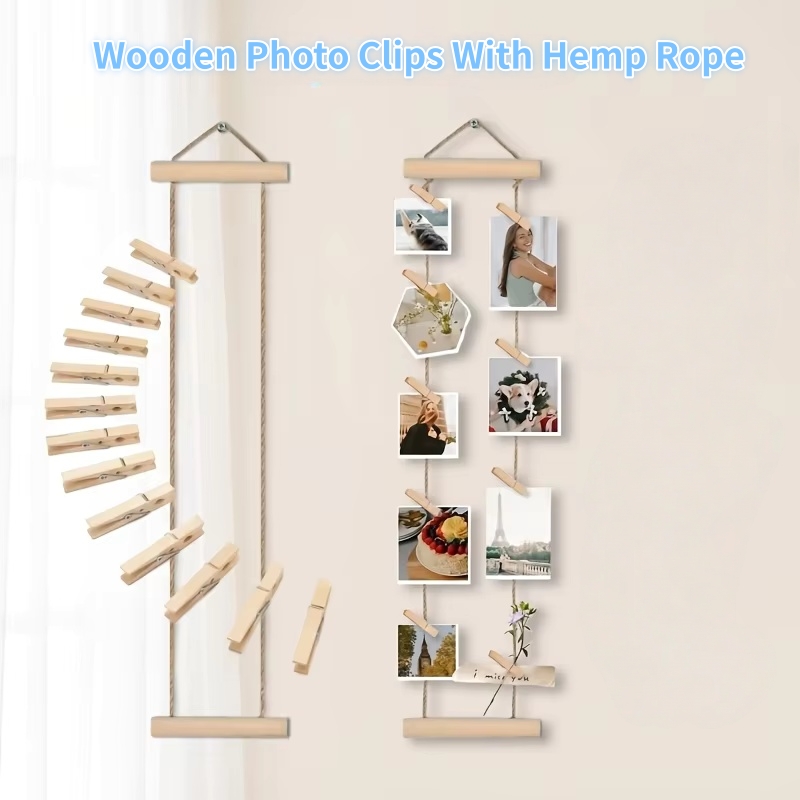 String Tension Clip - Foto-ophangtouw van natuurlijk hout met clips,